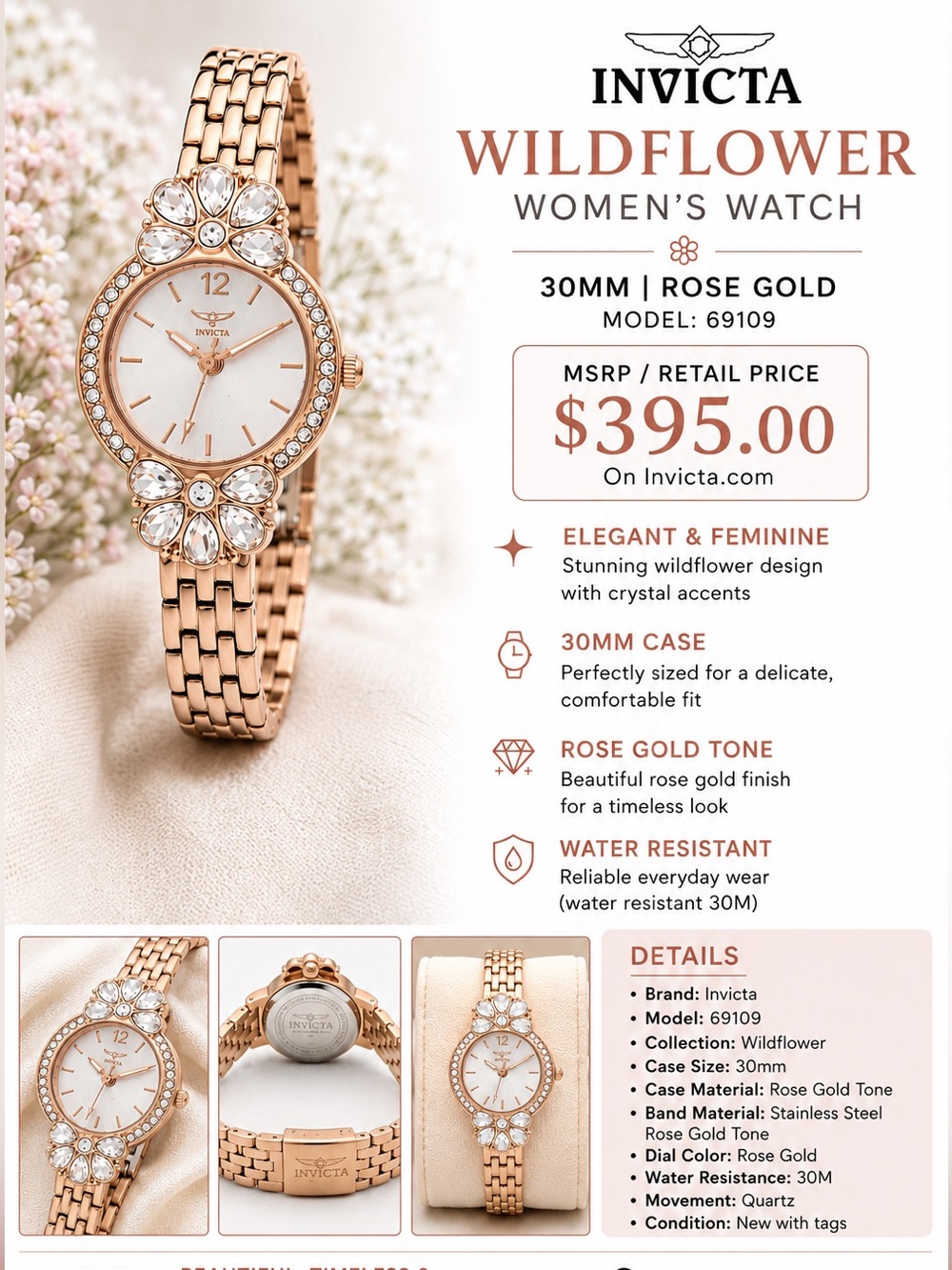 (NIB) Invicta Wildflower Women's Watch in Rose Gold with Crystal Accents